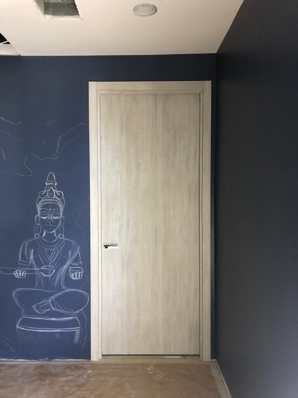 Light oak flush interior door against a dark navy feature wall