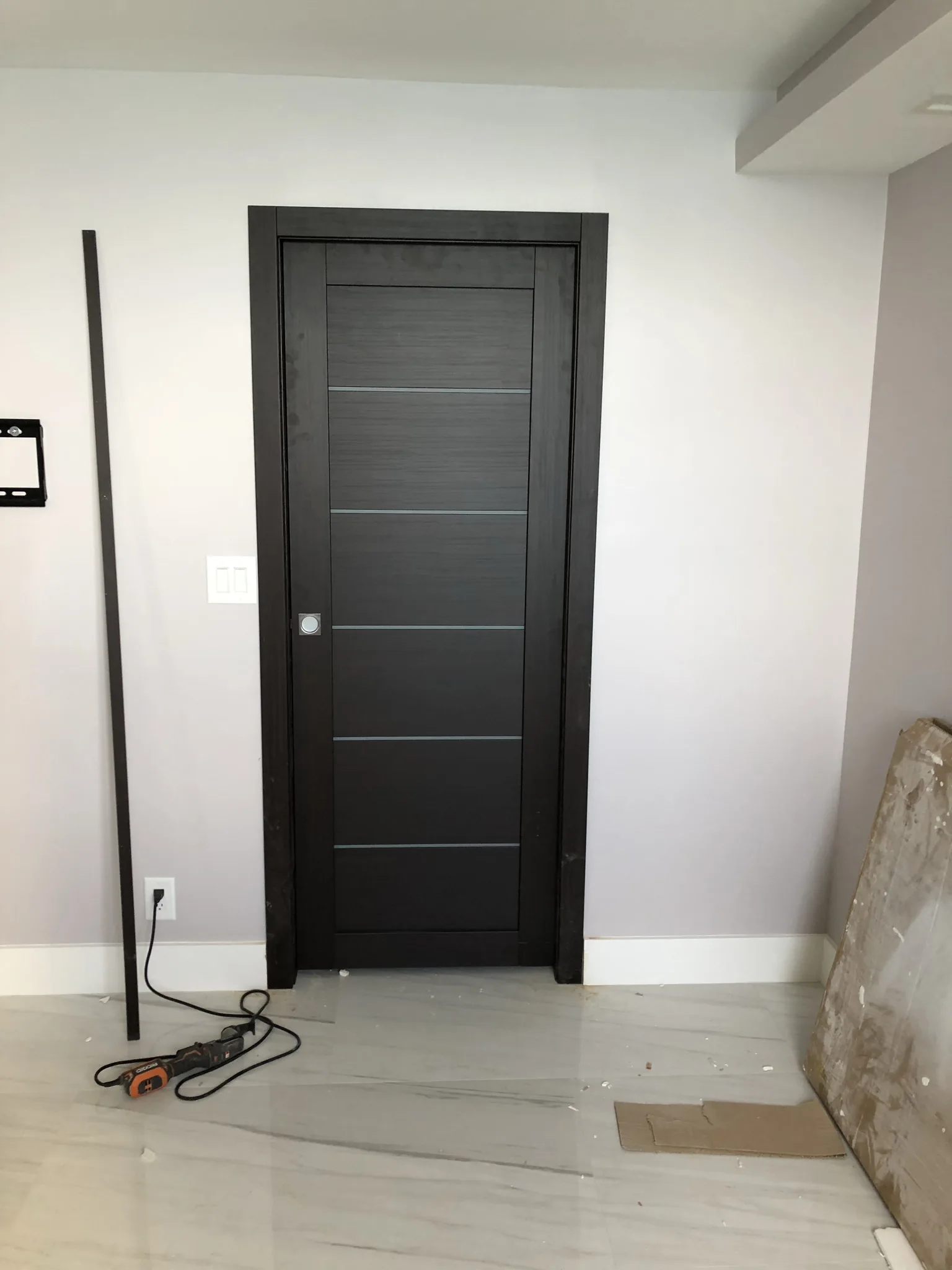 Wenge door with frosted-glass inlays — interior door supplied and installed by Slab & Trim