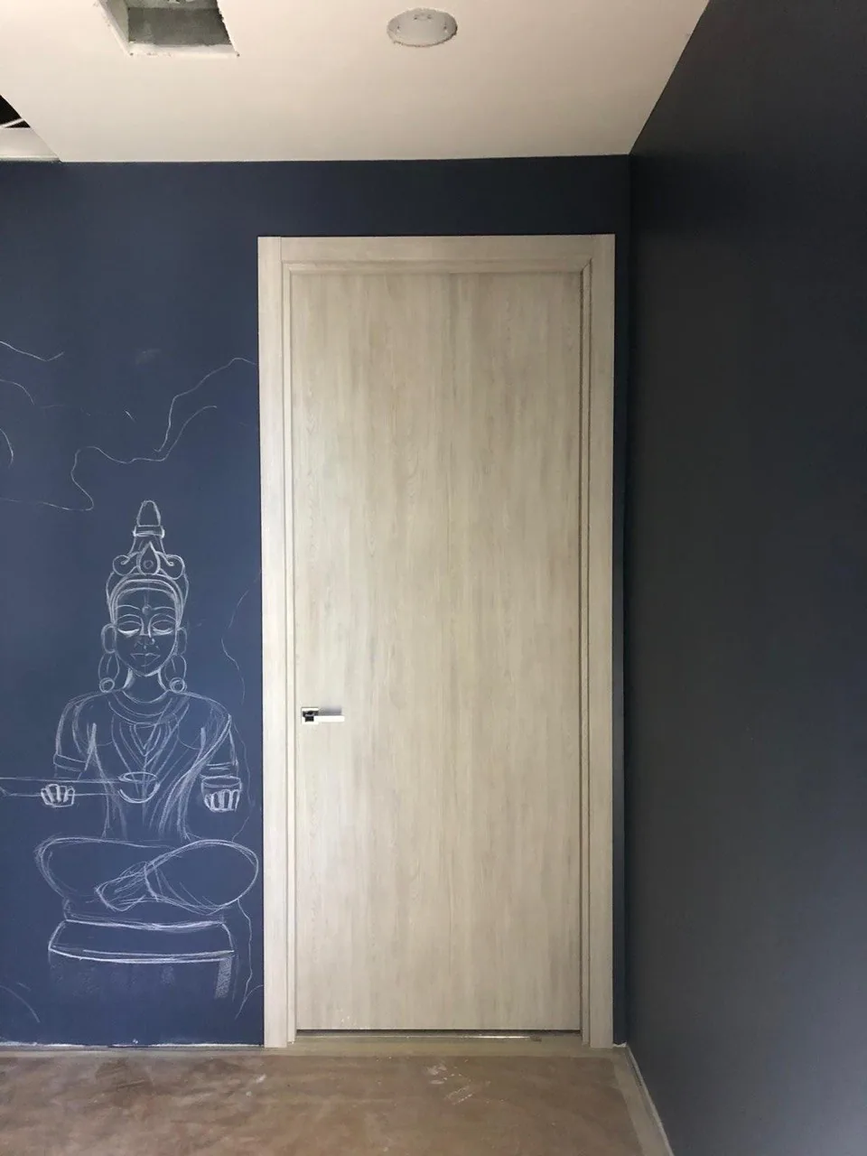 Light oak flush interior door against a dark navy feature wall
