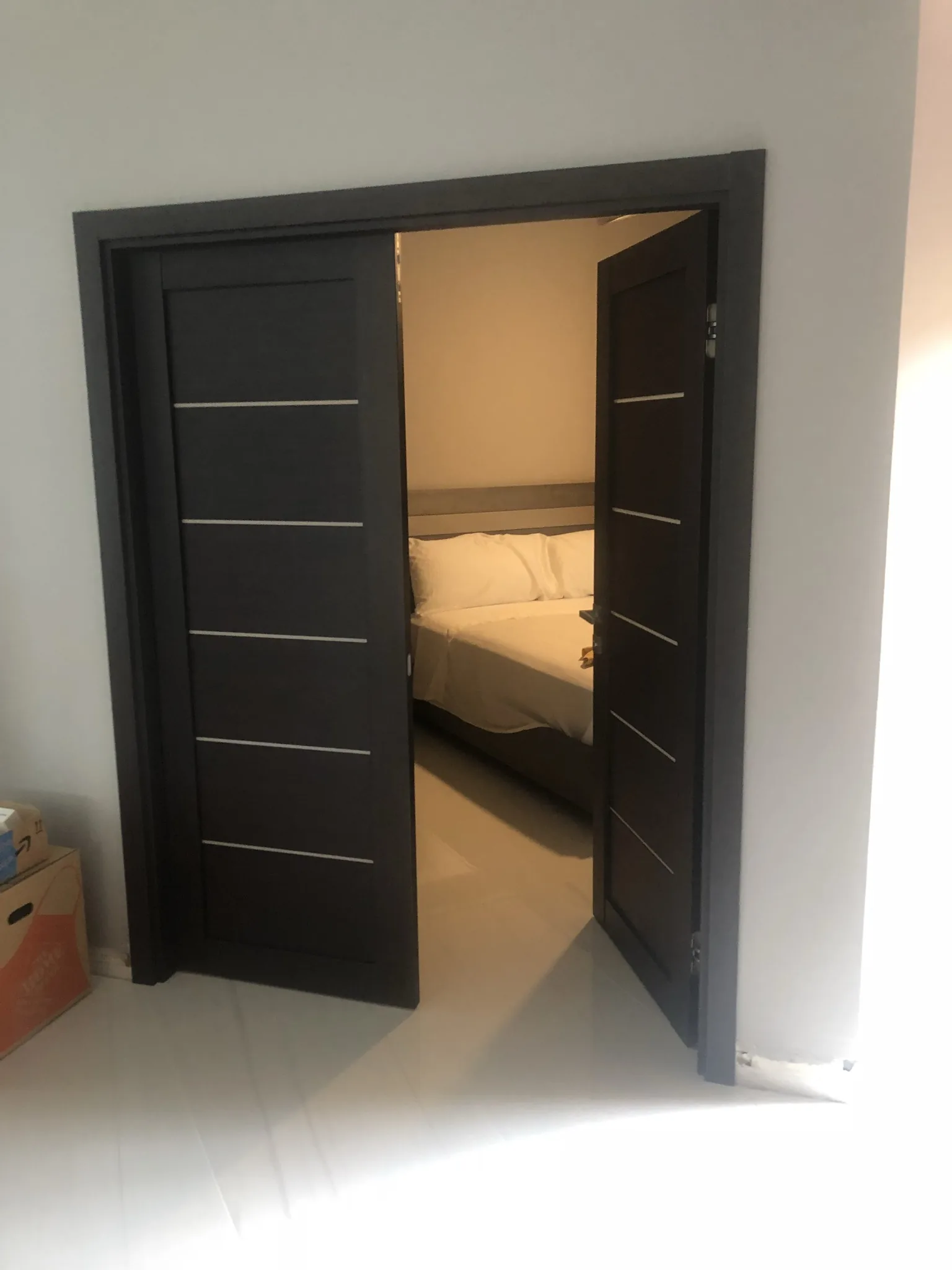 Wenge door with aluminum inlays opening to a bedroom — interior door supplied and installed by Slab & Trim