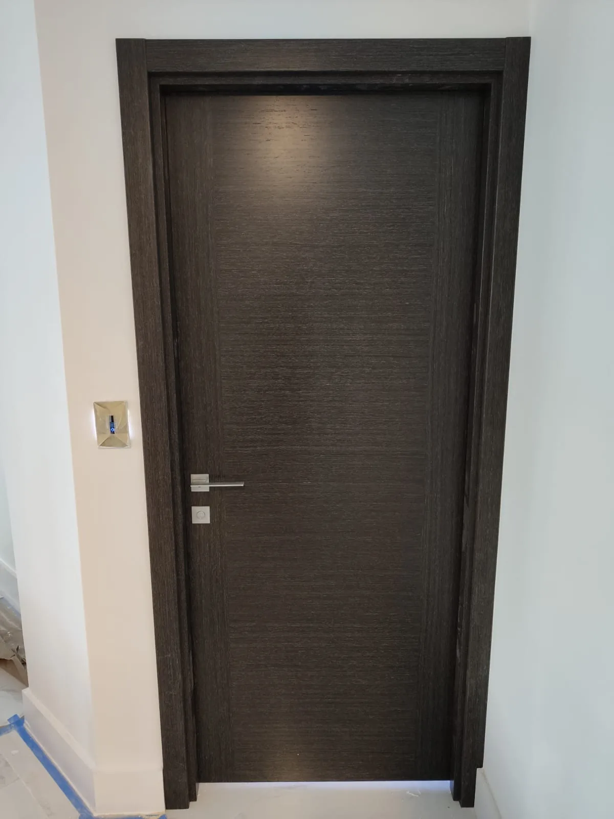 Wenge woodgrain door with slim aluminum inlays — interior door supplied and installed by Slab & Trim