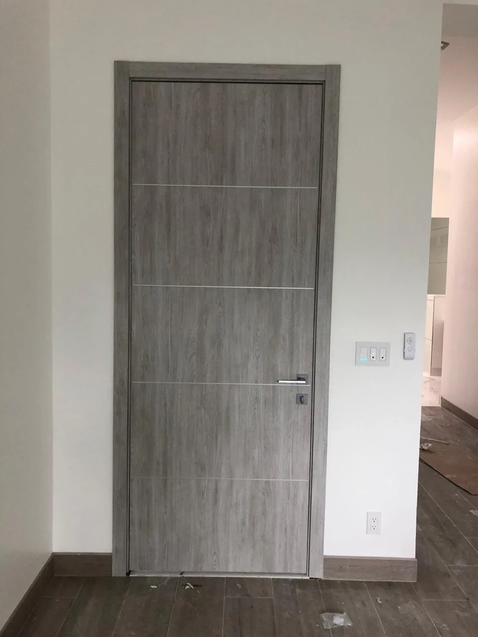 Grey wood veneer interior door with slim horizontal metal inlays