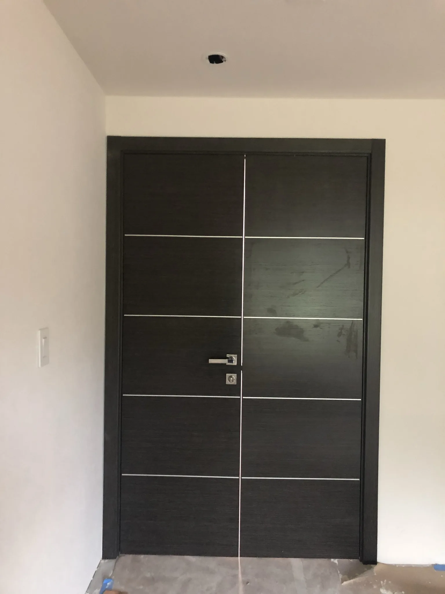 Wenge double doors with an aluminum grid inlay — interior door supplied and installed by Slab & Trim