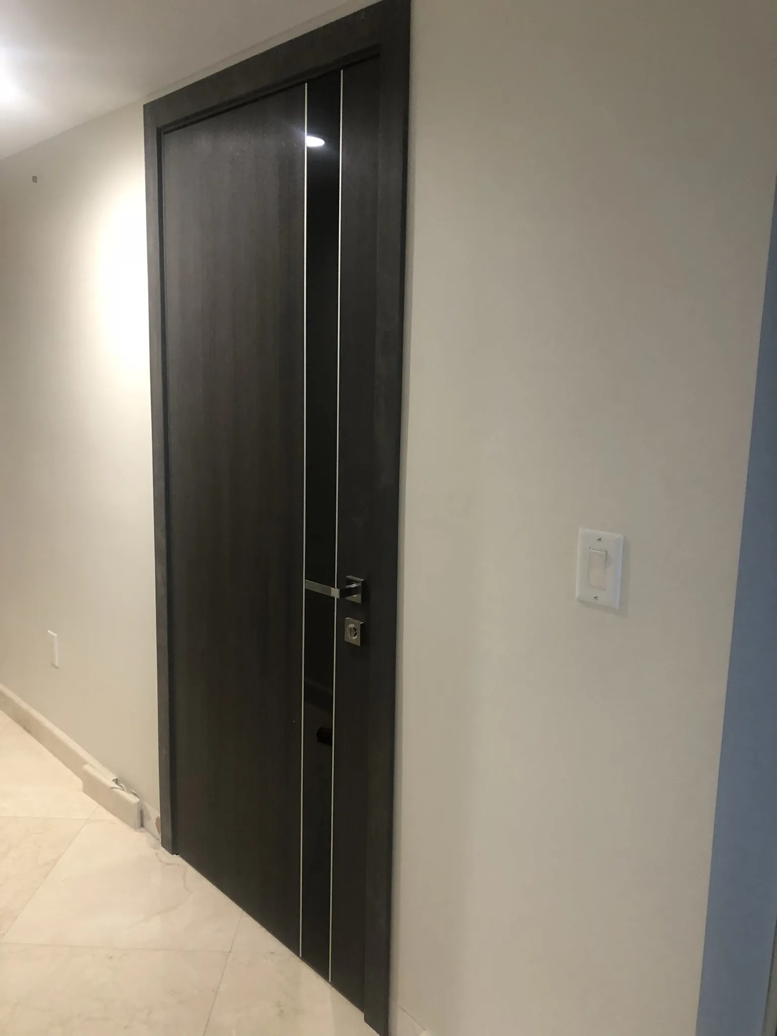 Wenge slab door with a slim inlay — interior door supplied and installed by Slab & Trim