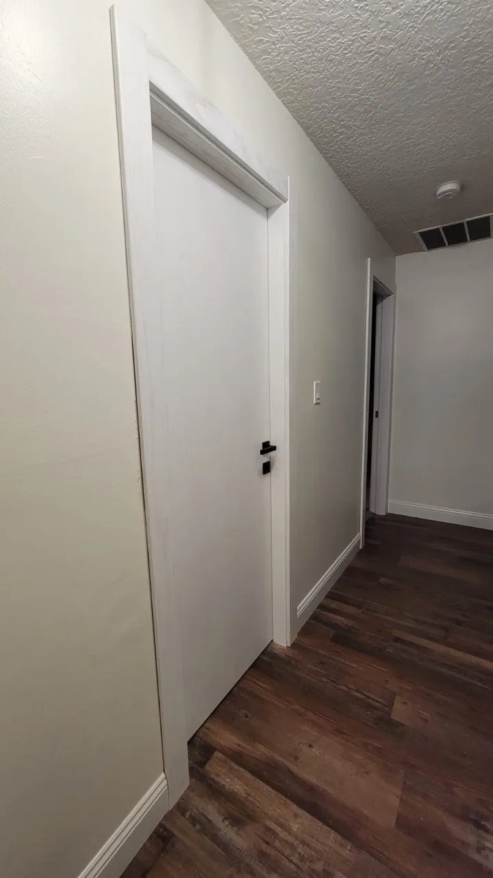White flush interior door with slim trim in a hallway