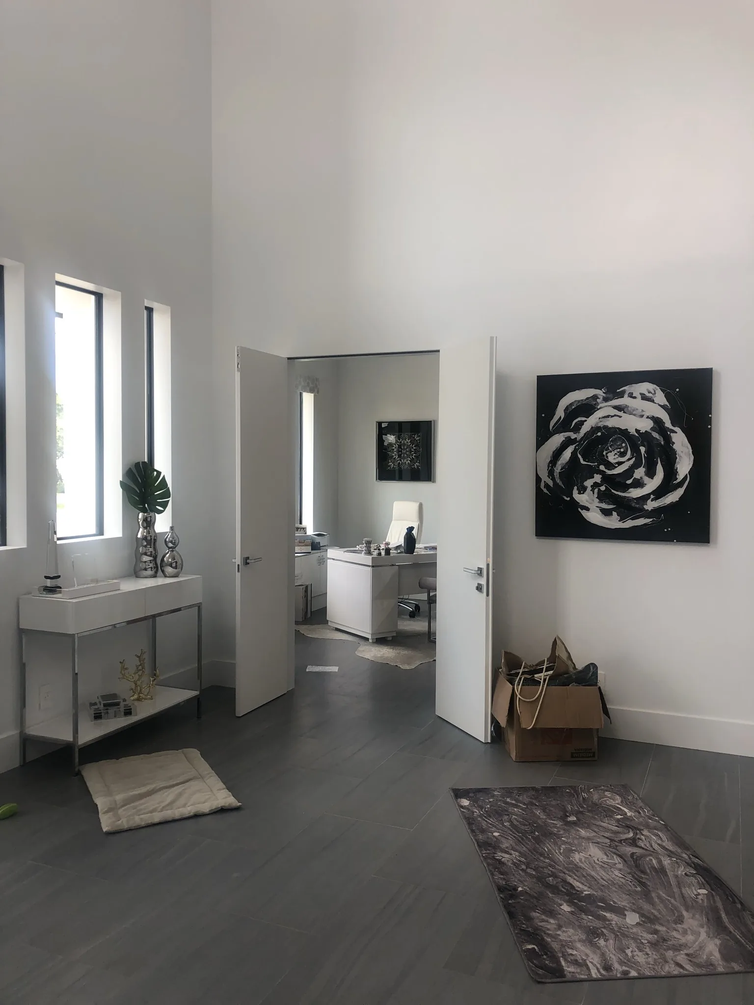 Frameless white door in a master suite — interior door supplied and installed by Slab & Trim